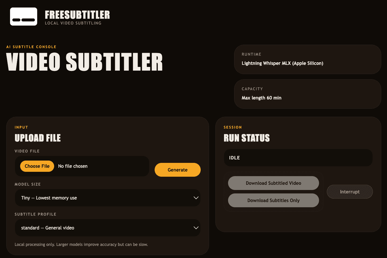 FreeSubtitler app generating subtitles from video on Mac